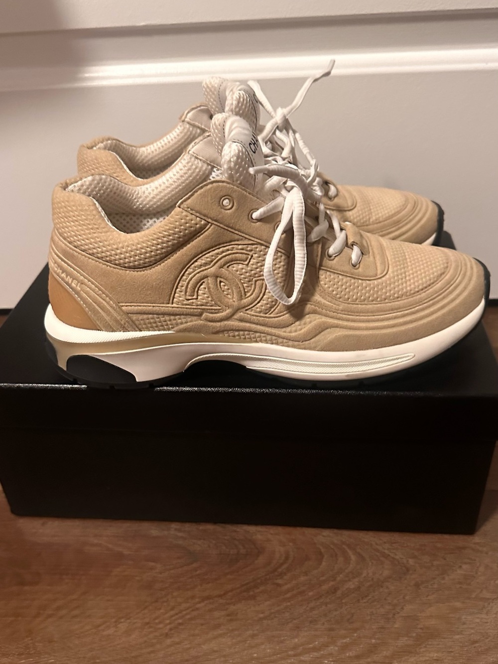 CHANEL Beige Suede and Mesh Logo Trainer Sneakers